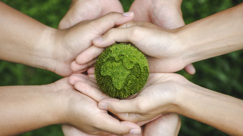 top view of teamwork hands holding the earth on a green background. protect nature.
