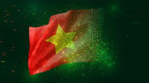Vietnam, on vector 3d flag on green background with polygons and data numbers
