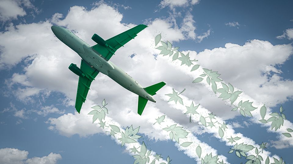 Aircraft soars through the sky leaving jet contrails with green leaves. Suitable for concepts as Zero emissions, SAF or Sustainable Aviation Fuel, biofuel, Circular economy and net CO2 emissions.