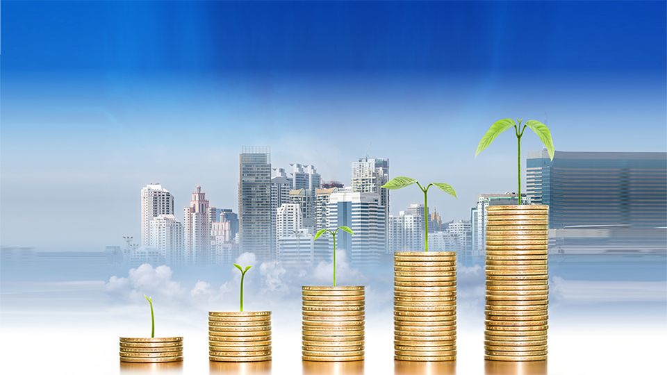 Tree growing on money coins arranged as a graph on wooden table with cityscape background, concept of business growth and saving money